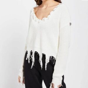 Revolve Steele‎ Montreaux Ivory Fringe Distressed V-Neck Sweater Cozy Grunge